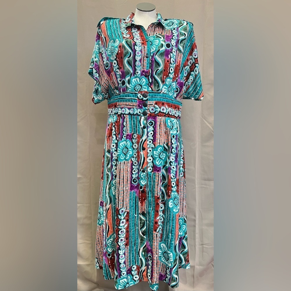 Vintage Kathryn Deene Button Front Maxi Dress Size 24 Abstract Print